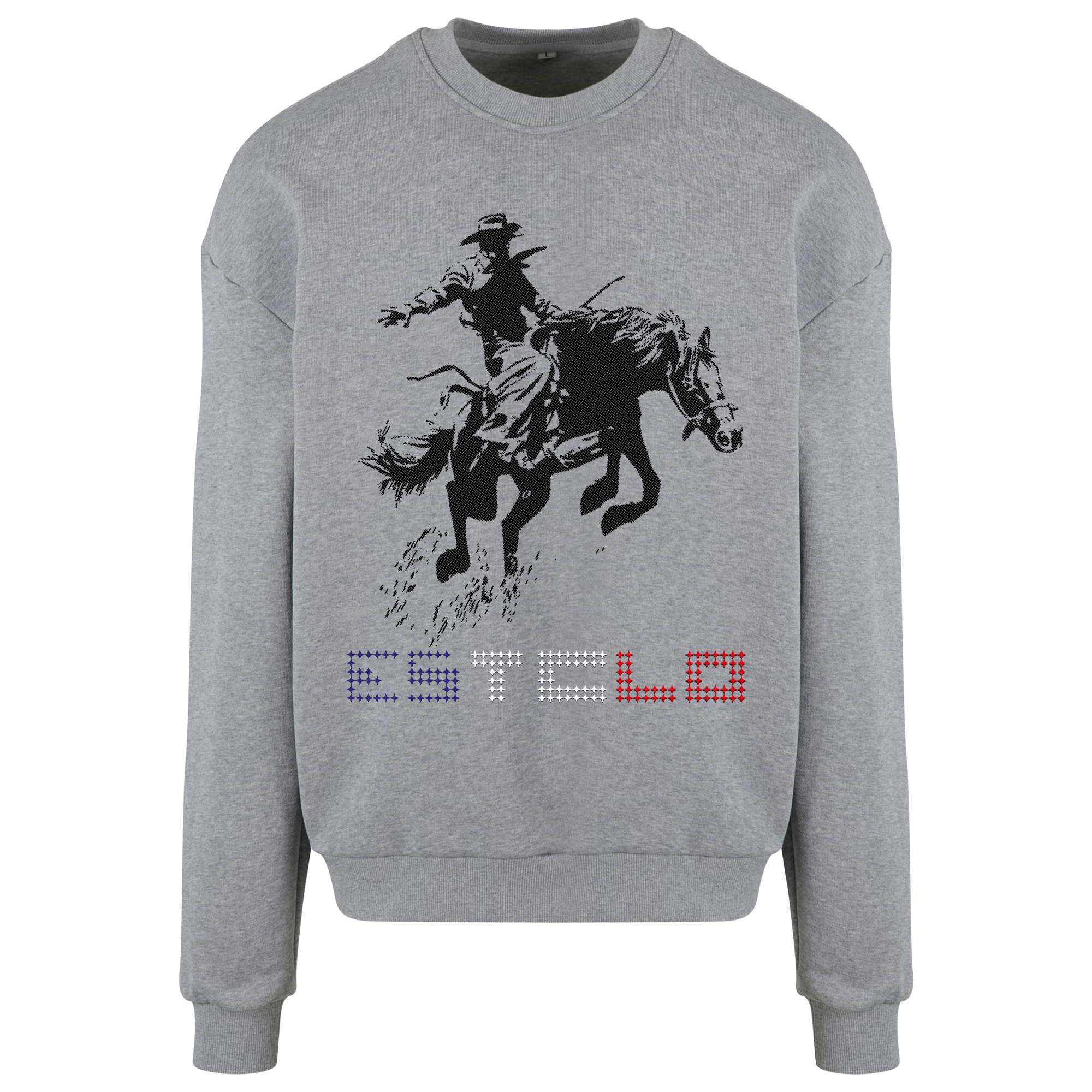 Grauer Sweater mit Cowboy-und-Pferd-Print im Halftone-Style und kleinem estclo-Print in Frankreich-Flaggenfarben