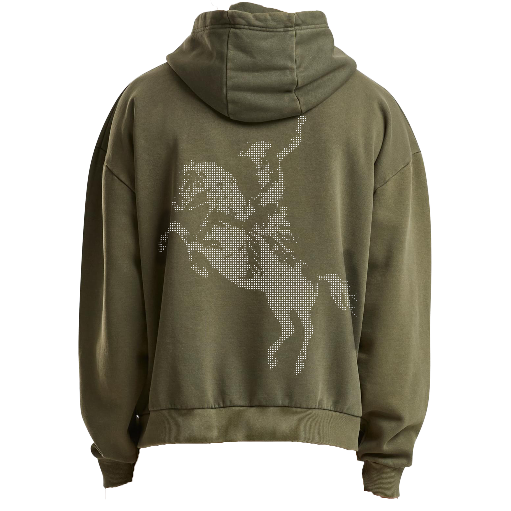 Grüne Vintage-Washed Zip-Jacke mit großem Cowboy-und-Pferd-Print im Halftone-Style auf der Rückseite