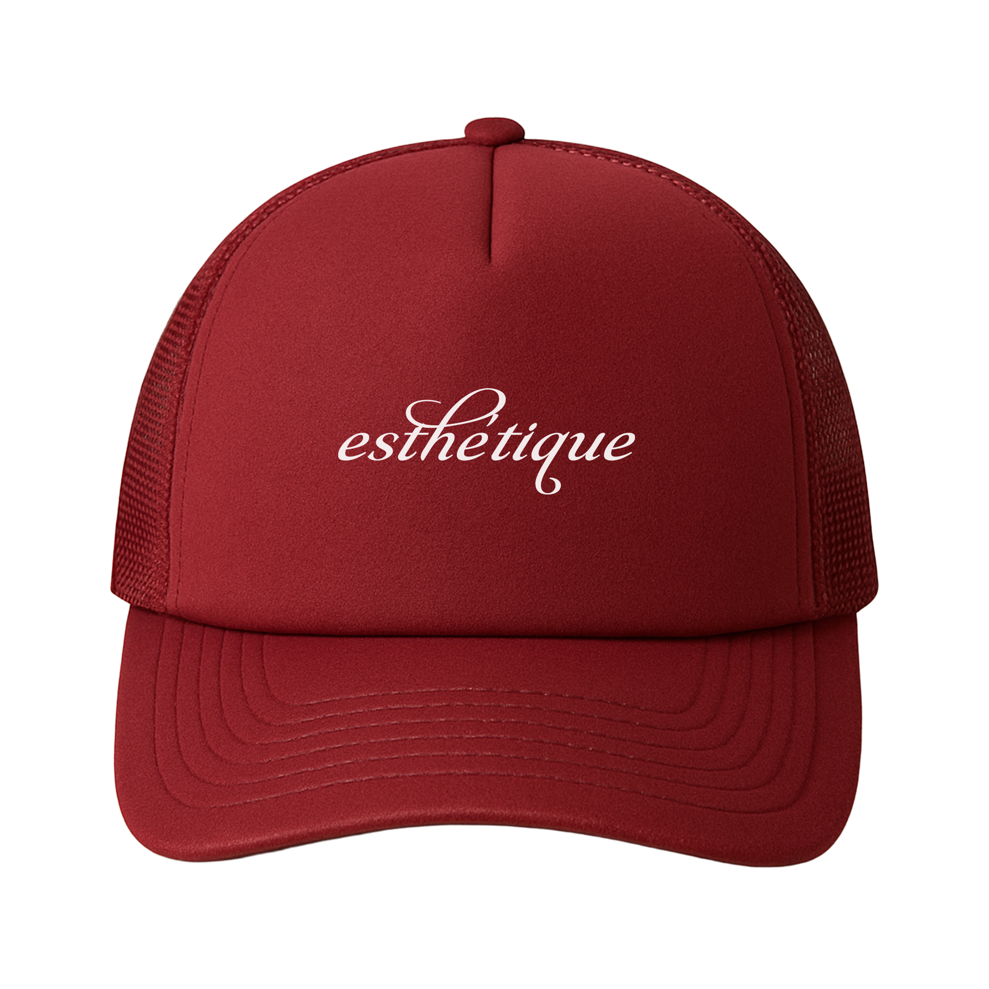 „Bordeauxrote Trucker-Cap mit weißem ‚esthétique‘-Schriftzug in geschwungener Typografie – urbanes Streetwear-Accessoire mit französischem Flair“