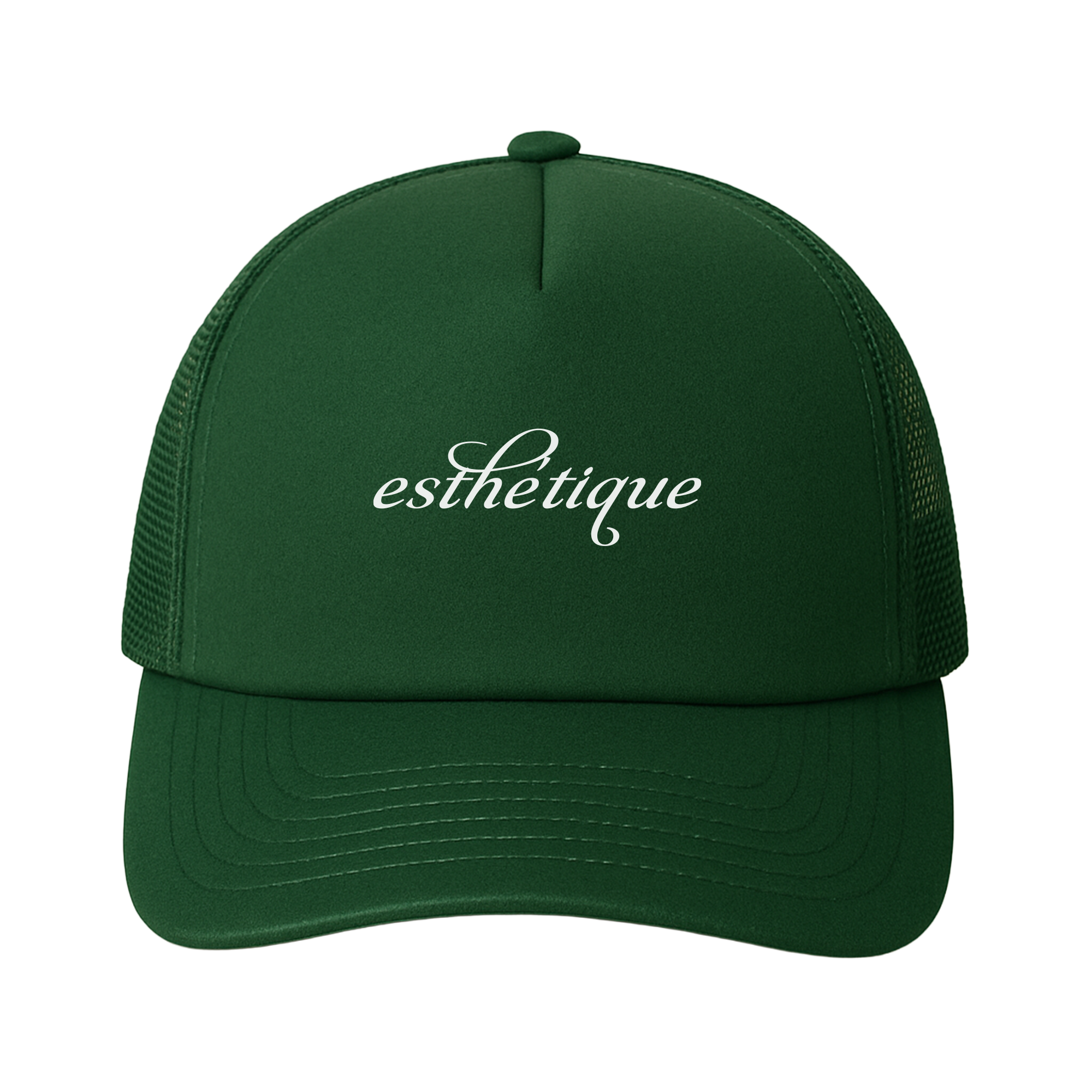 „Dunkelgrüne Trucker-Cap mit weißem ‚esthétique‘-Schriftzug in eleganter Typografie – minimalistisches Streetwear-Statement mit französischem Touch“