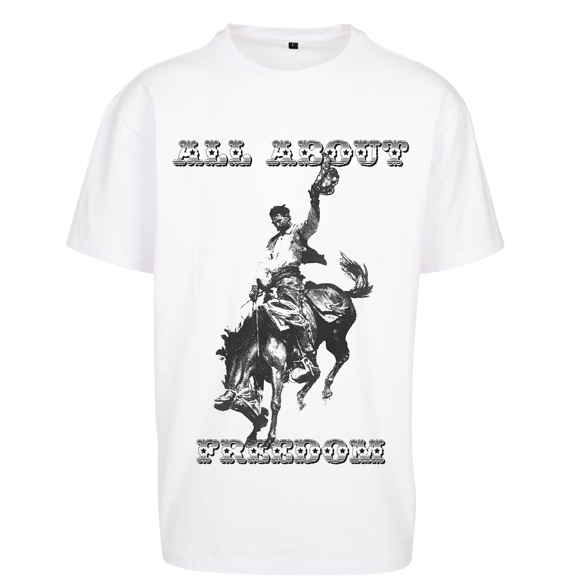 Weißes T-Shirt mit Cowboy-und-Pferd-Print und Schriftzug „All About Freedom“ auf der Vorderseite