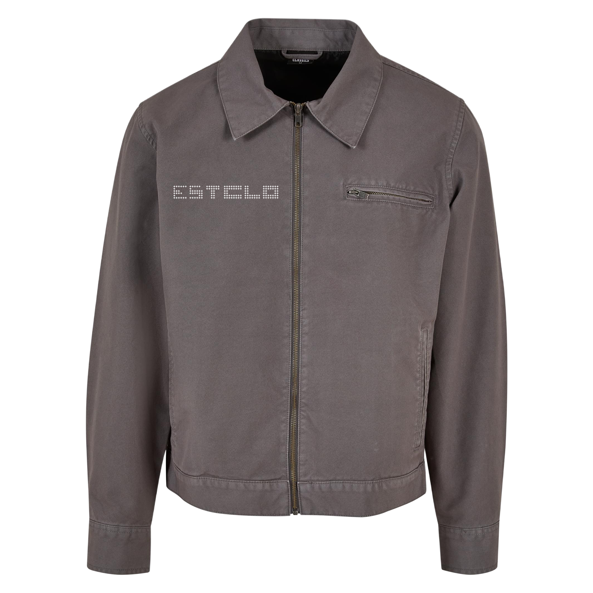 Grau verwaschene Workwear-Jacke mit estclo Star-Logo auf der Brust